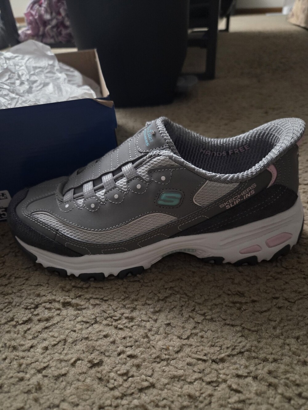 Skechers Women’s Gray Athletic Slip-On Sneakers with Pink and Teal Accents